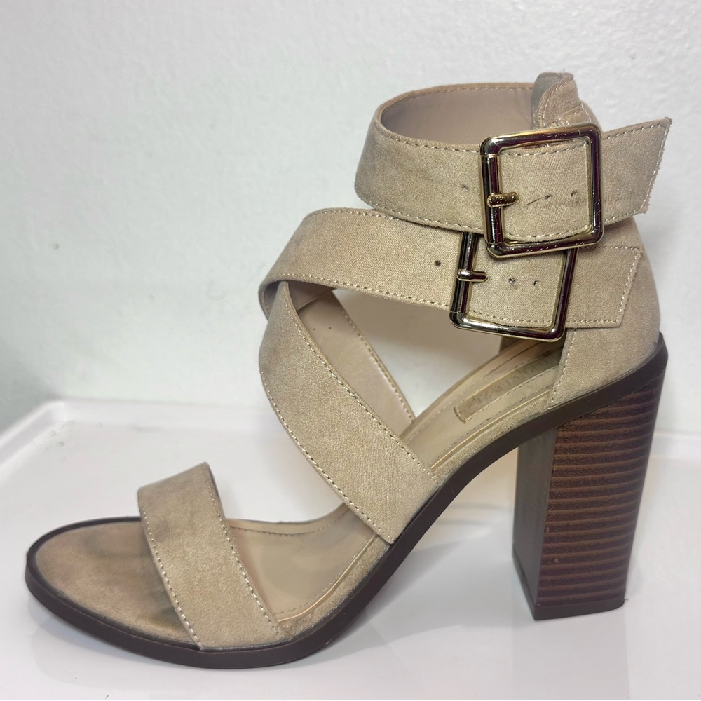 Forever 21 Beige Suede Crisscross Block Heel Sandals